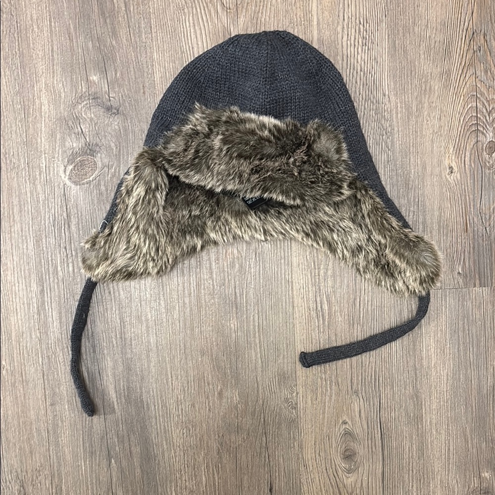 Gray Knit Hat with Faux Fur Lining